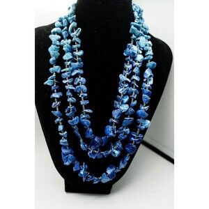 Bright Blue shell triple strand statement necklace beachy nautical vacation 22"
